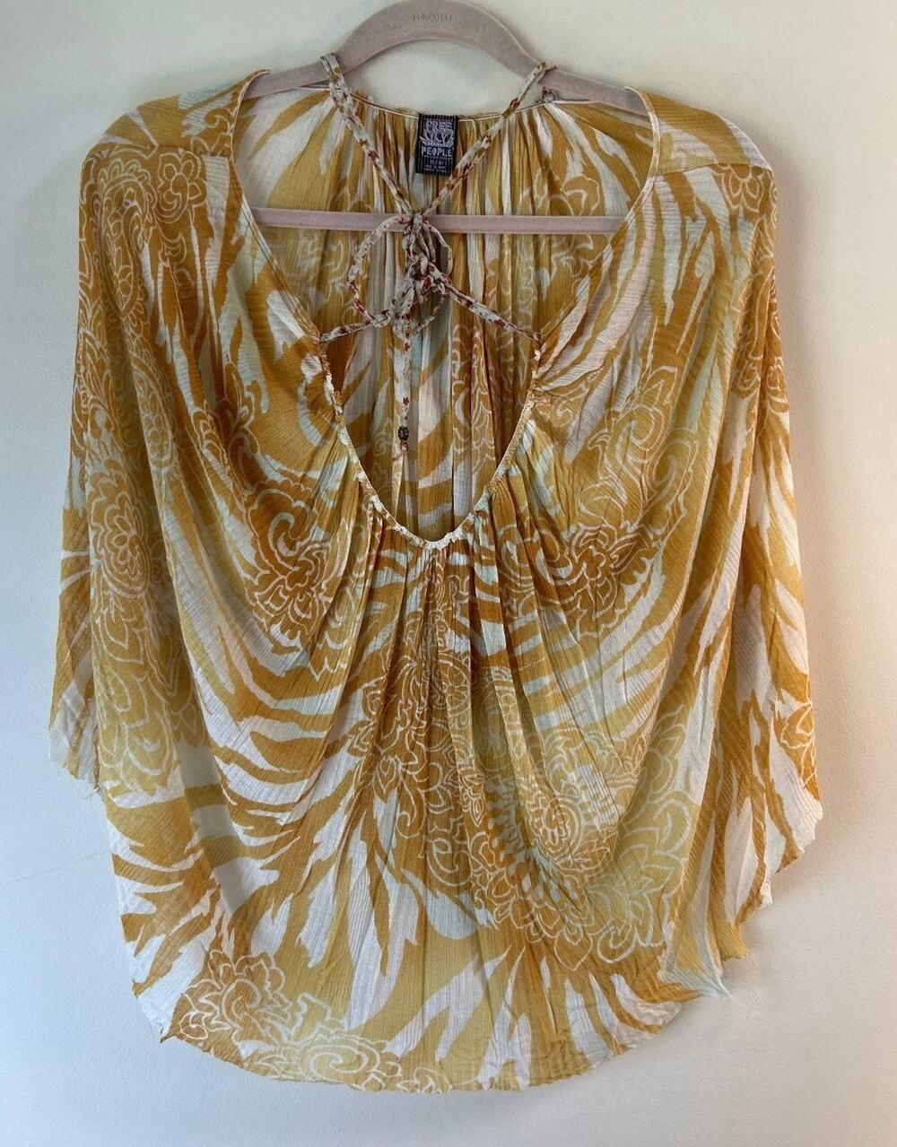 Free People Mustard Ivory Boho Sheer Kimono Poncho Top M Festival Beach Cover Up